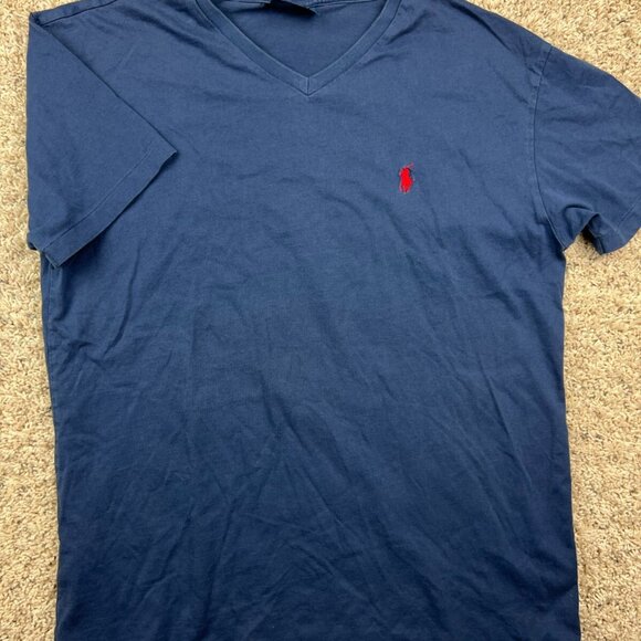 Polo Ralph Lauren Sz L Navy Blue V Neck T-Shirt Short Sleeve Cotton Red Pony - Picture 1 of 6
